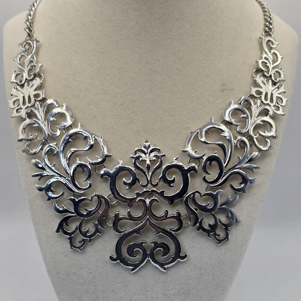 Silver Tone Ornate Scroll Statement Necklace Baroque Filigree 18" + Extender